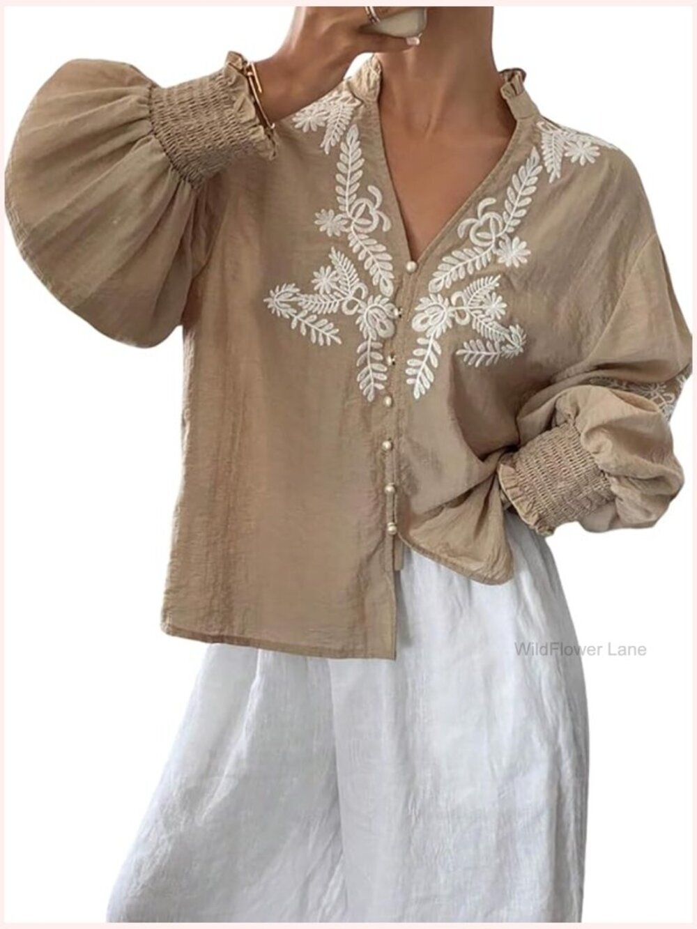 Embroidered Puff Sleeve Blouse, Vintage Floral Boho V-Neck Button Down